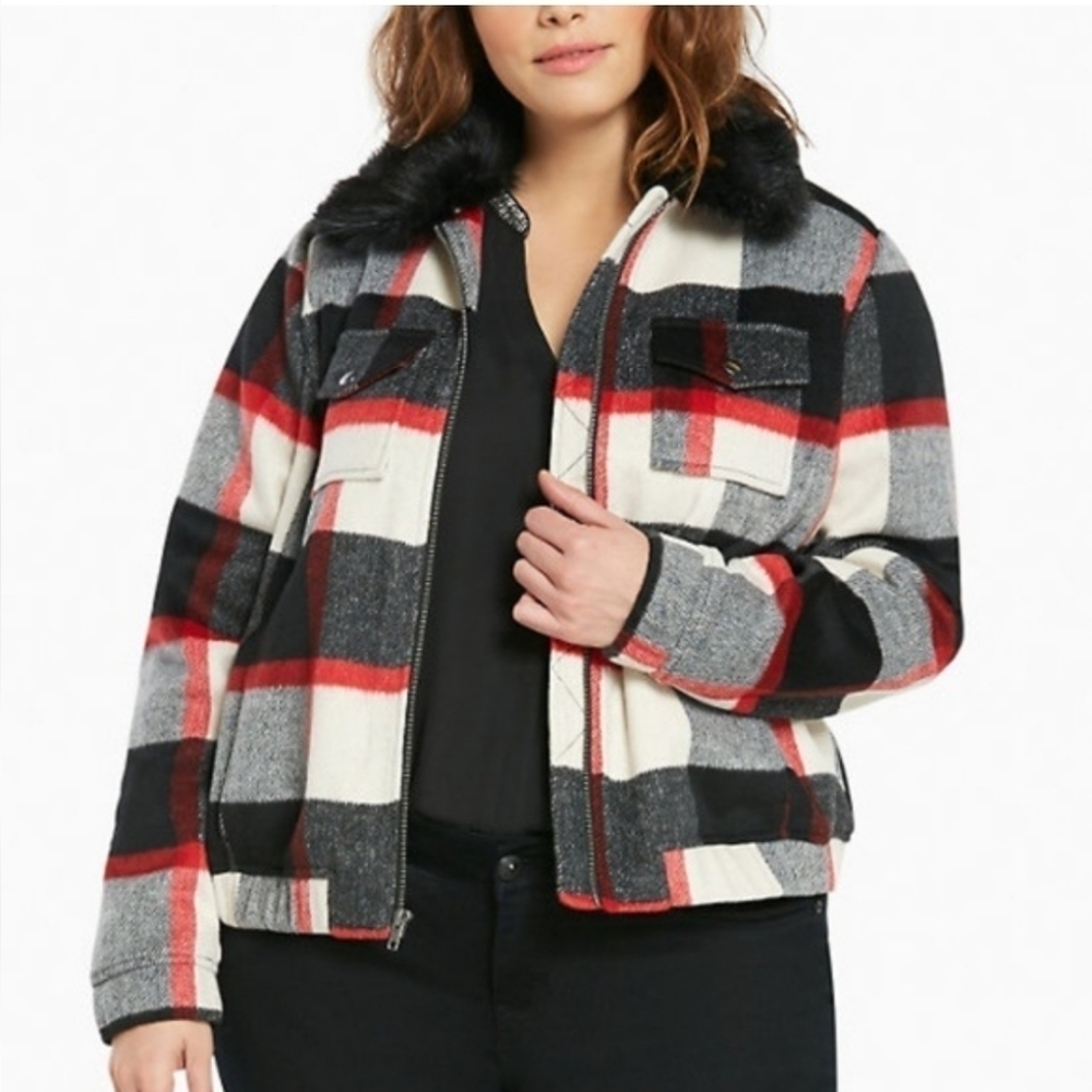 NWT Torrid Wool Blend Plaid Bomber Jacket 1X Removable Faux Fur Collar Red Black